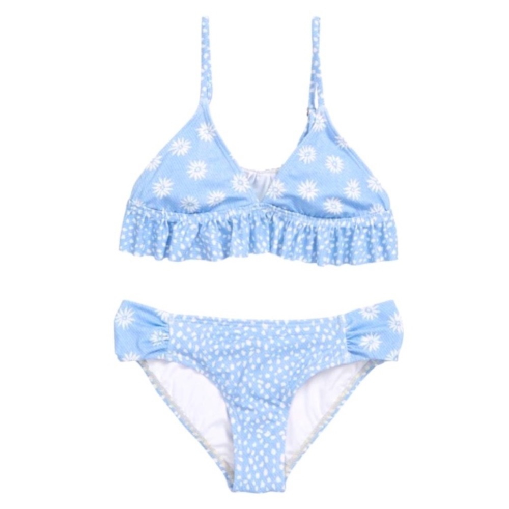 Billabong 🏝️ Where to Ruffle Girls’ Floral Ruffle Tri Light Blue Bikini Set - Picture 5 of 14